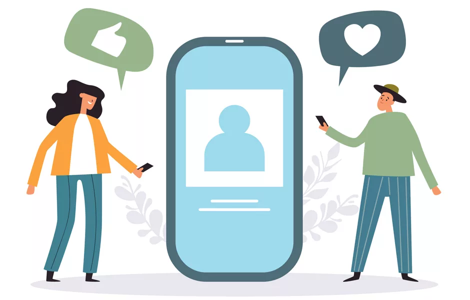 Zwei Mitarbeitende neben Handy, über ihnen Emoji-Kommentare zu Inhalt aus dem Handy