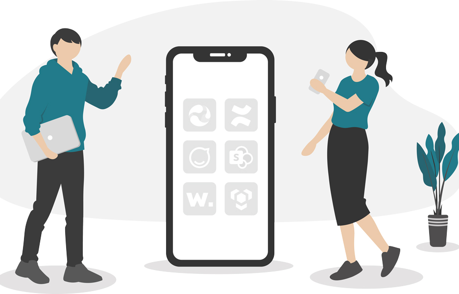 Mann und Frau stehen neben großem Handy