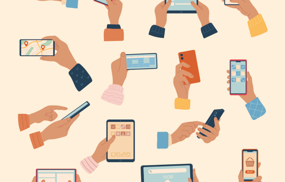 Hände mit Mobiltelefononen