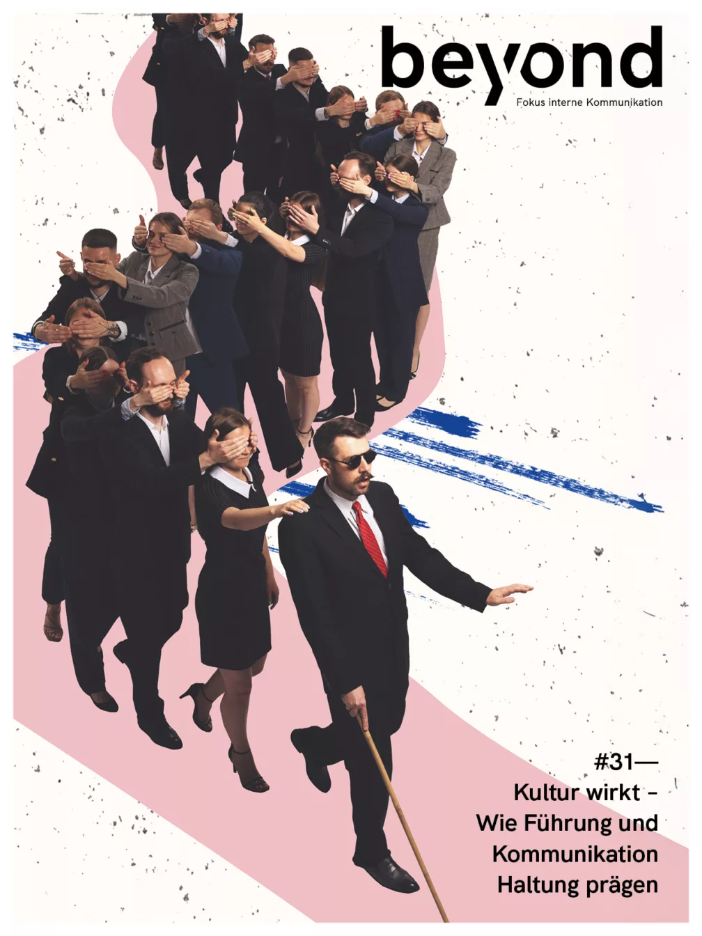 Cover mit Arbeitern im Anzug, die als Schlange Blindem folgen