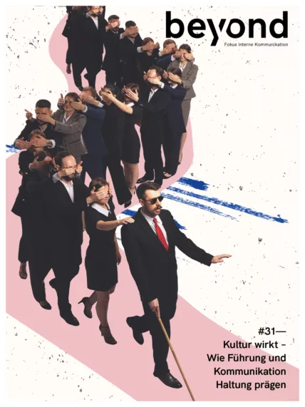 Cover mit Arbeitern im Anzug, die als Schlange Blindem folgen