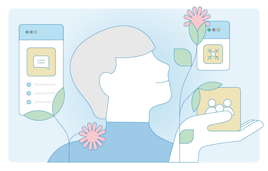 Person mit Terminkalener im Hintergrund, Blume im Vordergrund
