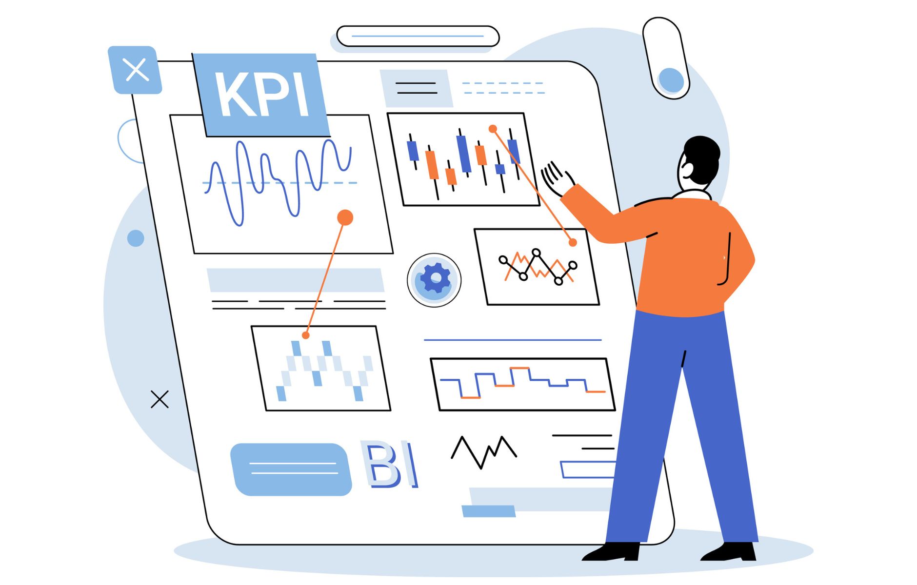 Grafik: Person vor Dashboard mit KPIs