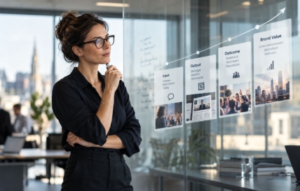 Person vor Strategiepapieren im Büro